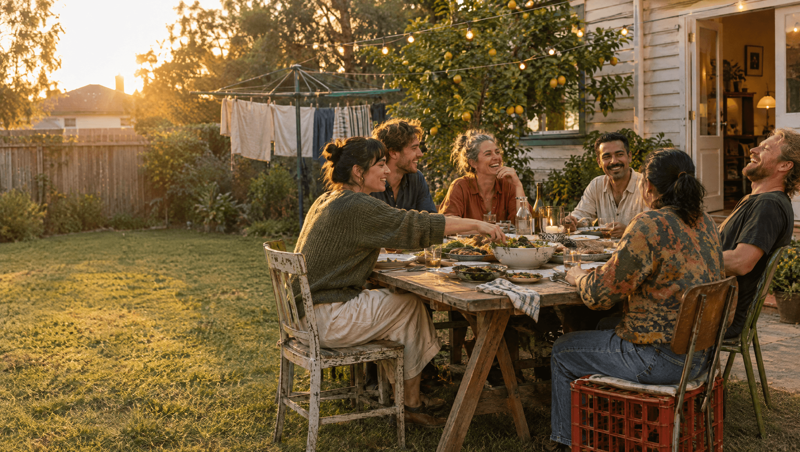 Housemates sharing dinner at a trestle table in the backyard at golden hour