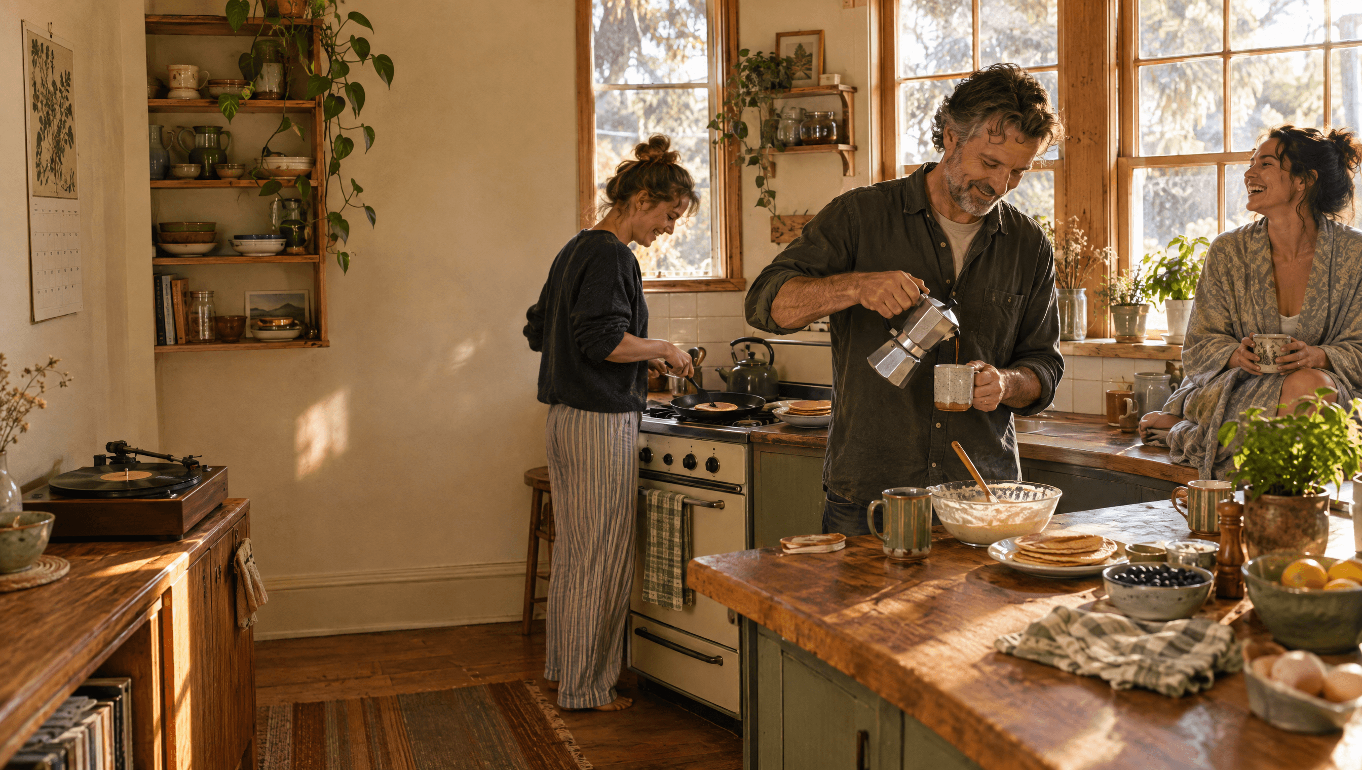 Housemates making breakfast together in an old sharehouse kitchen