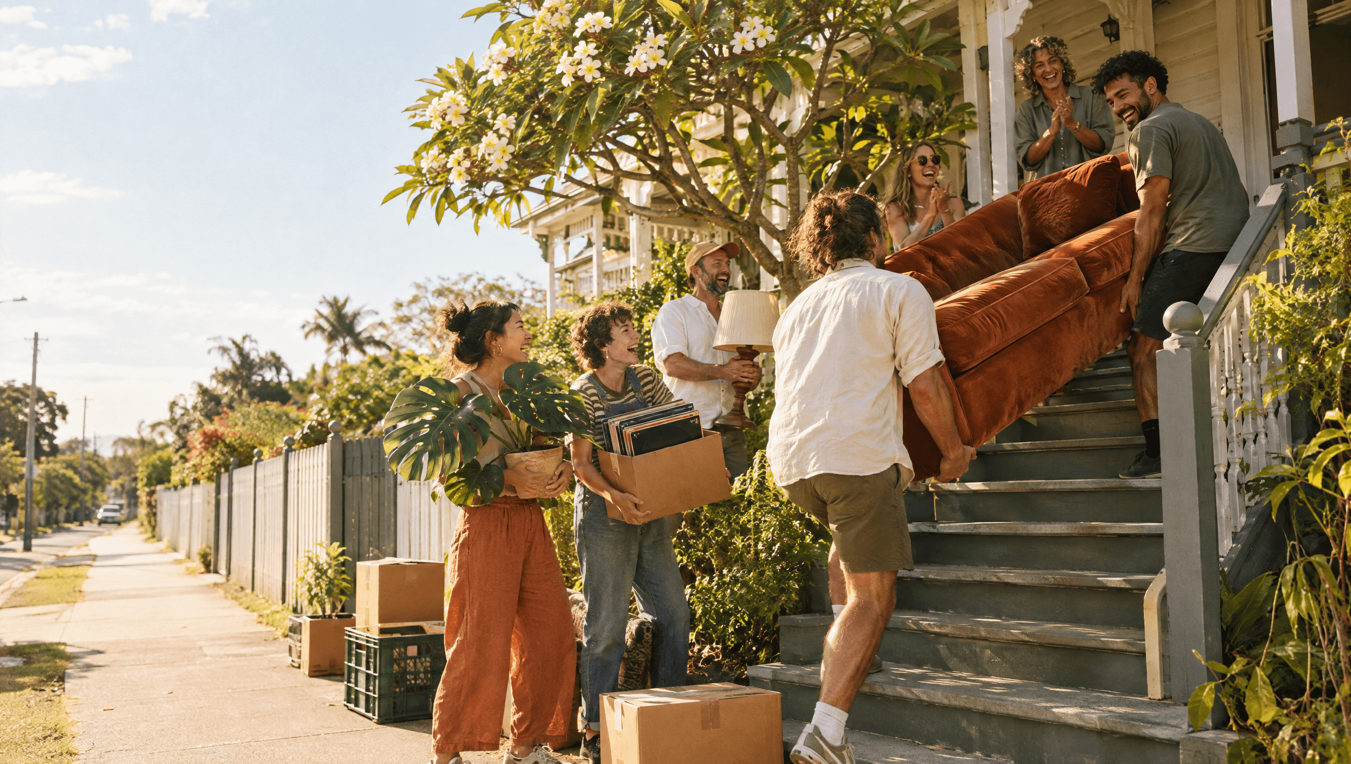 Housemates carrying a couch up the front steps on moving in day