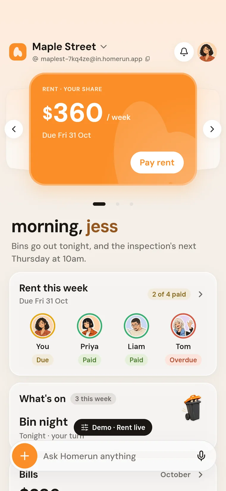 The Homerun app's Home: this week's rent, who has paid, what's on and the bills