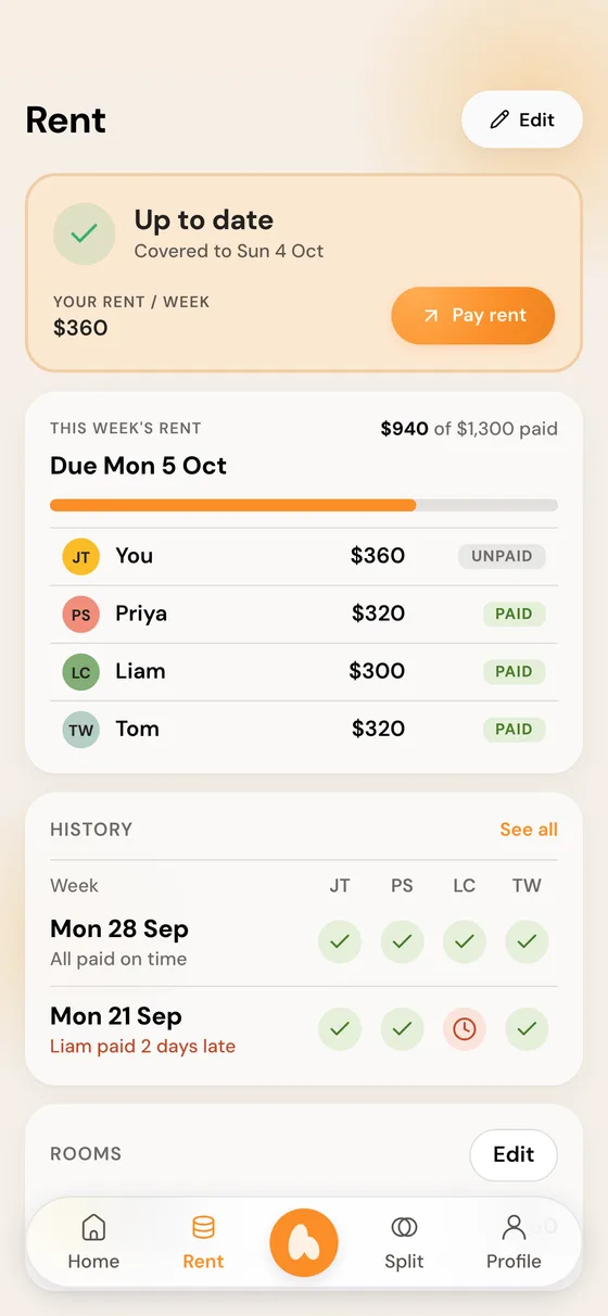 The Homerun rent tab: who has paid this week's rent, the payment history and the rooms