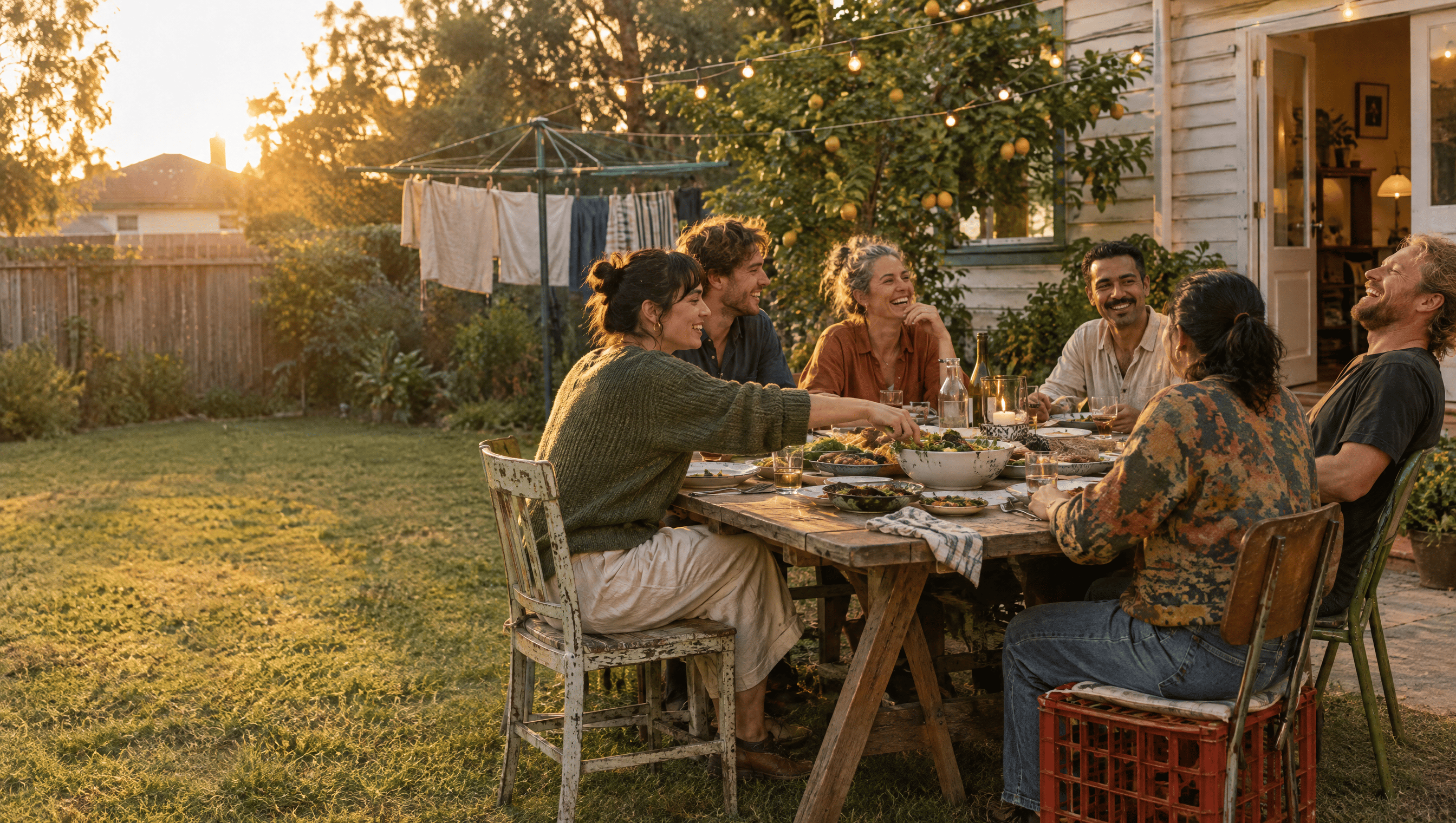 Housemates sharing dinner at a trestle table in the backyard at golden hour