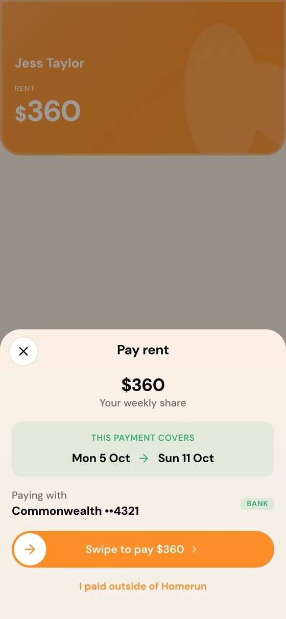 The Homerun pay rent sheet: swipe to pay your weekly share