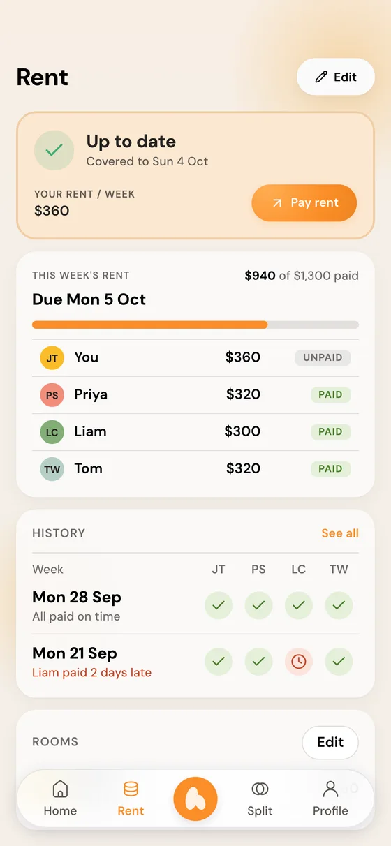 The Homerun rent tab: who has paid this week's rent, the payment history and the rooms