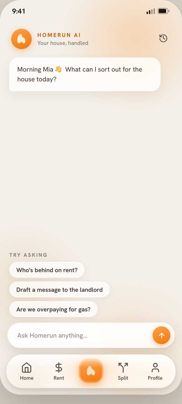 The Homerun assistant open in the app, greeting the housemate and offering example questions: who is behind on rent, draft a message to the landlord, are we overpaying for gas