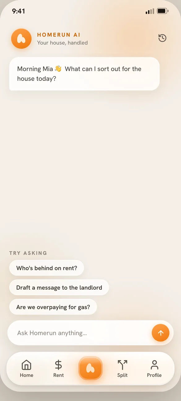 The Homerun assistant in the app, with suggested questions: who is behind on rent, draft a message to the landlord, are we overpaying for gas