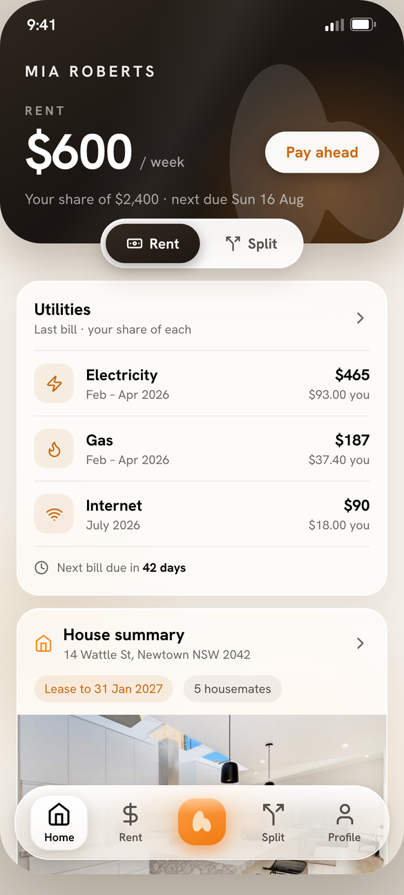 The Homerun app home screen: the weekly rent and each housemate's share of it, the electricity, gas and internet bills with the share owed on each, and the house summary with the lease end date
