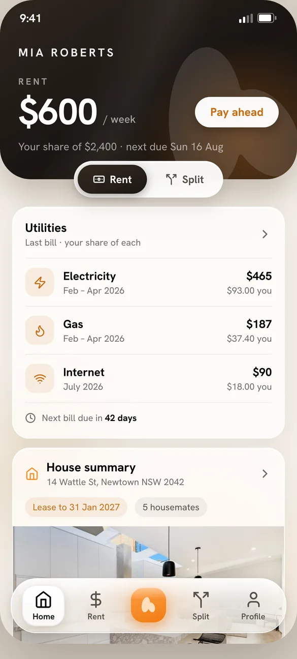 The Homerun app home screen: this week’s rent and your share, the house bills with your share of each, and the house summary with the lease end date