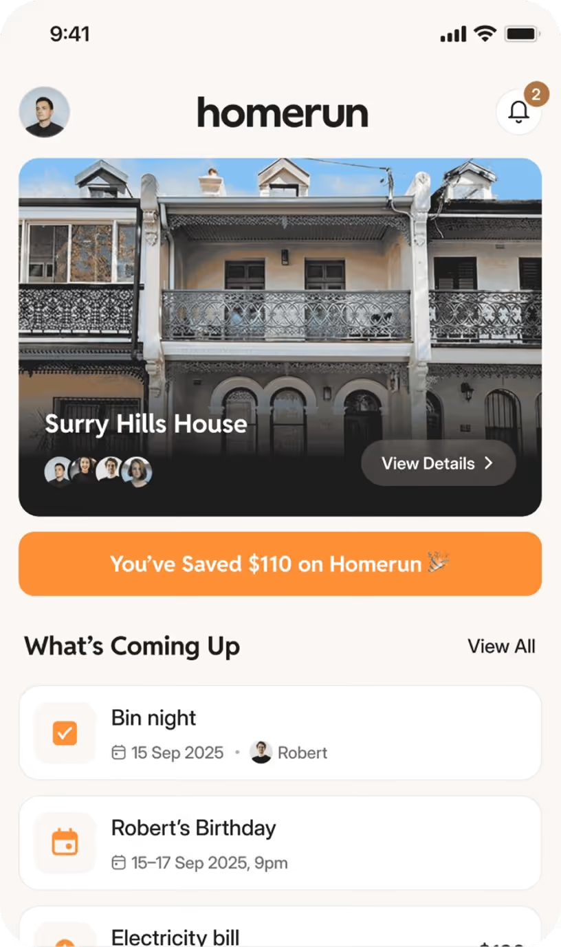The Homerun app showing a sharehouse dashboard with rent, bills and chores