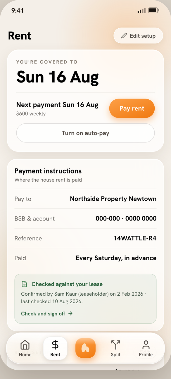 The Homerun app rent screen: the date rent is covered to, the next payment, and the payment instructions showing who the rent is paid to, confirmed against the lease
