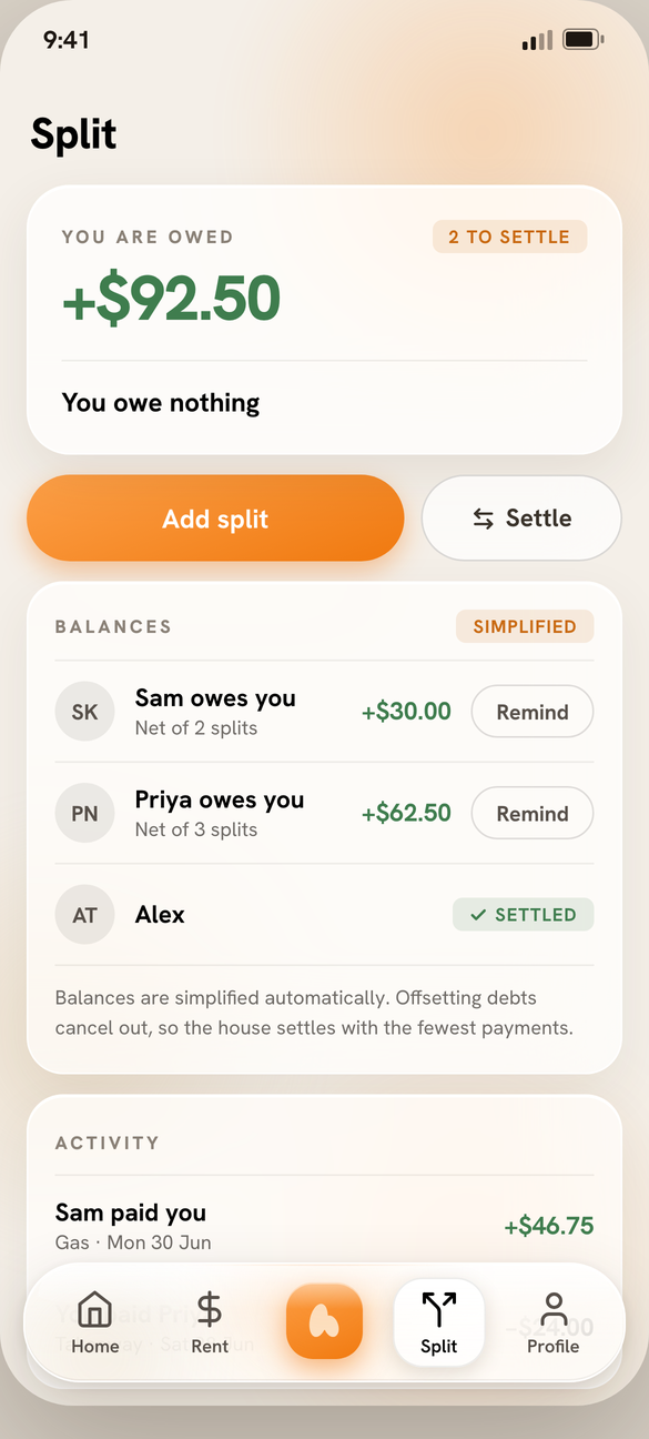 The Homerun app split screen: what the house owes you, a simplified balance per housemate with a remind button beside each, and the recent settle-up activity